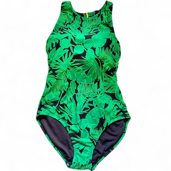 Lands' End Swimsuit Small Green Purple Tropical OnePiece Sleeveless High Neck - Picture 1 of 5